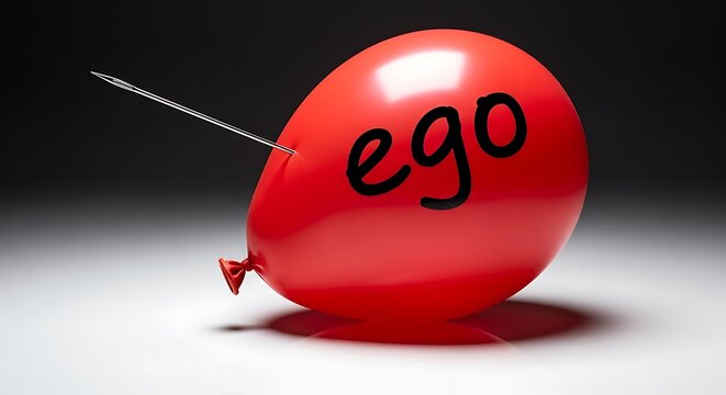 Red balloon with the word ego being punctured by a sharp needle