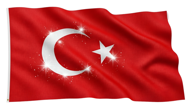 Vibrant national banner displaying a crescent and star symbol gently waving against a dark backdrop