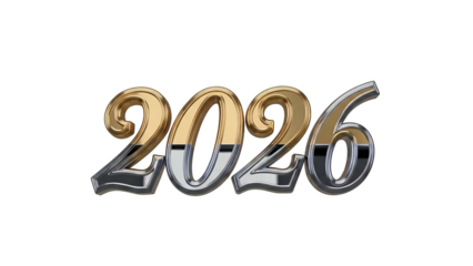Ornate metallic numerals represent the year two thousand twenty-six isolated on black