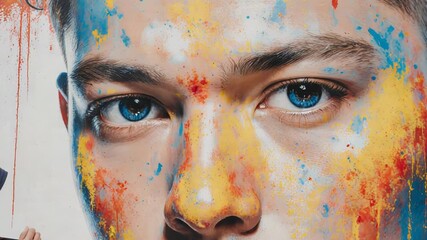 Close-up Face with Colorful Paint Splatters - Powered by Adobe