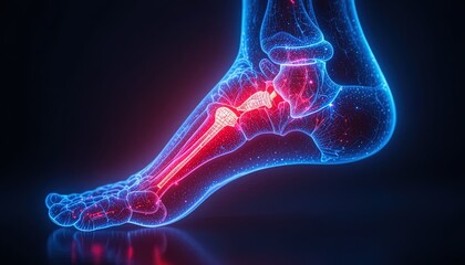 Glowing foot bones in vibrant blue and red showcase skeletal structure, perfect for medical presentations or health related content, modern and visually striking