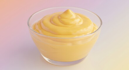 Thick yellow pudding or custard is presented in a clear glass dish against a softly colored background.