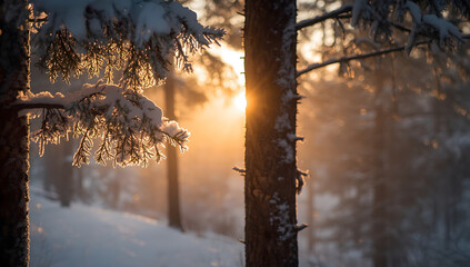 A snow covered tree branch with snow on it. The tree branch is bare and has no leaves with beautiful sunrise in the background. The image has a peaceful and serene mood. Generative AI