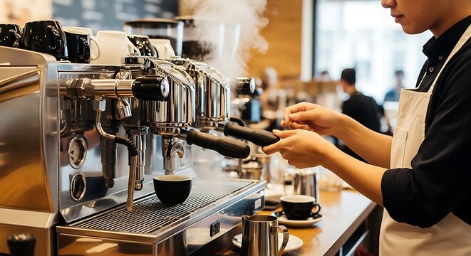 A barista preparing espresso with a professional machine in a cafe, showcasing the art of coffee making and the ambiance of a coffee shop