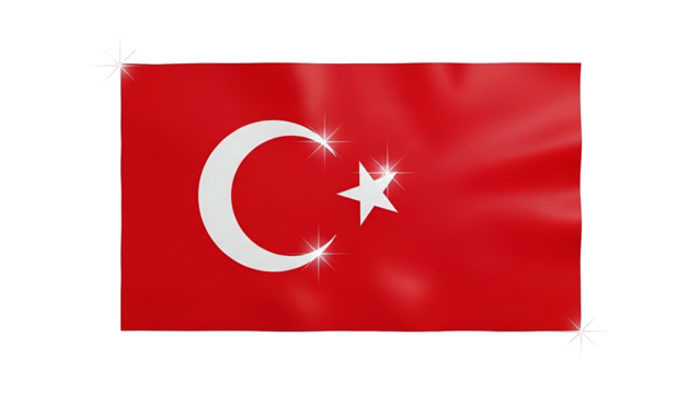 Waving national banner featuring a prominent crescent and star emblem against a dark background