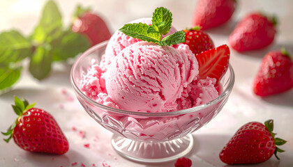 Strawberry ice cream in a glass cup with fresh berries