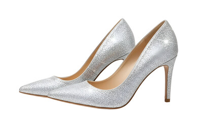 Pair of glittering silver high heel pumps shown against a solid black background