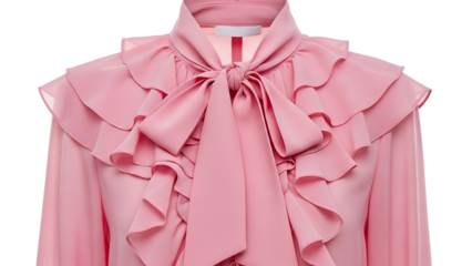 Elegant pink garment features elaborate layered ruffles and a prominent neck bow