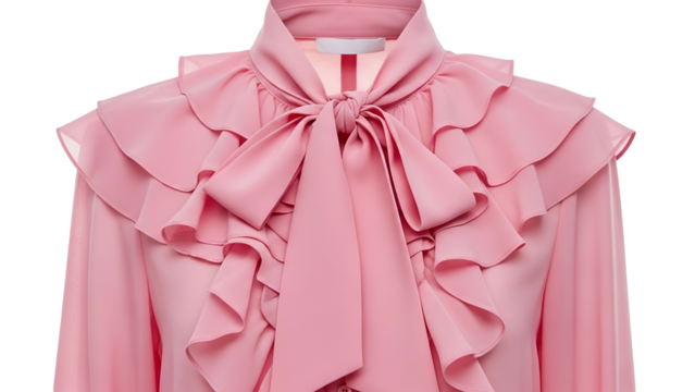 Elegant pink garment features elaborate layered ruffles and a prominent neck bow