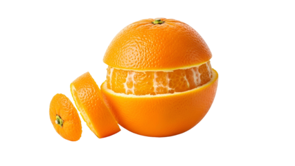 Fresh citrus fruit sliced and partially peeled against a solid dark background