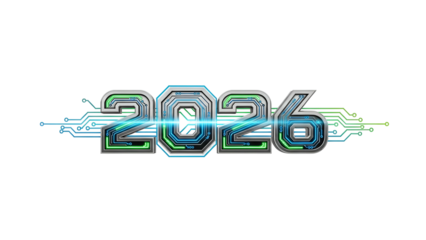 Futuristic digital display shows the year twenty twenty six against a dark background
