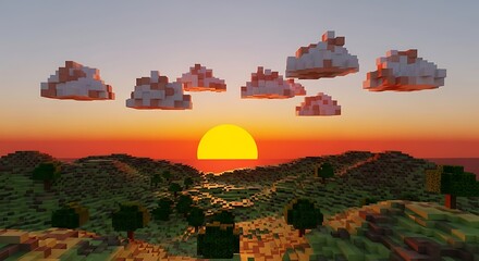 Blocky Sunset Over Pixelated Green Hills Landscape Video Game Art
