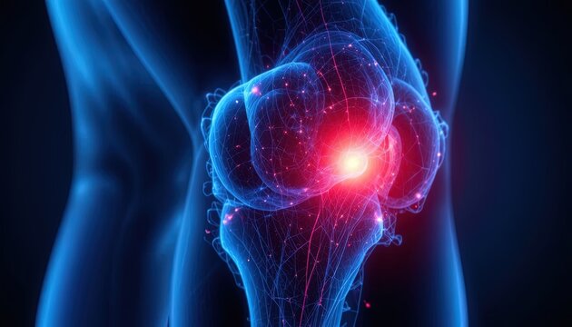 Explore the detailed anatomy of the human knee joint with vibrant glowing visuals illuminating bone structure and muscle connections for medical study