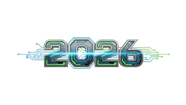 Futuristic digital display shows the year twenty twenty six against a dark background