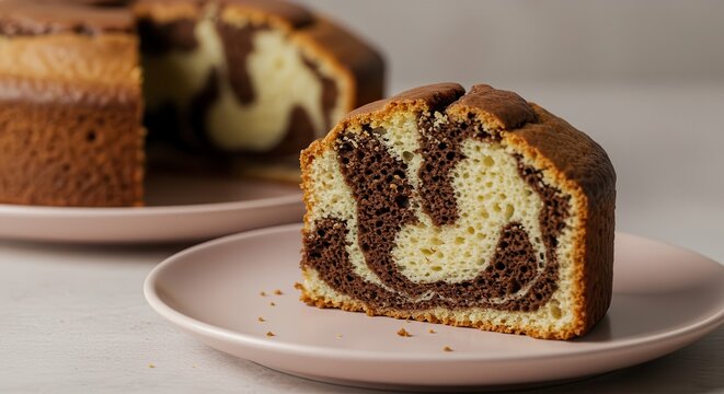 Slice of sweet, baked dessert featuring a swirling pattern of light and dark batter