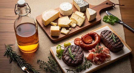 An inviting arrangement featuring a cheese board with assorted cheeses, a meat board with sausage and steak, and a bottle of oil on a wooden table