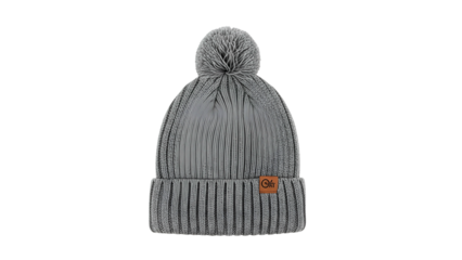 Knitted gray winter hat with pompom displayed against a solid black background