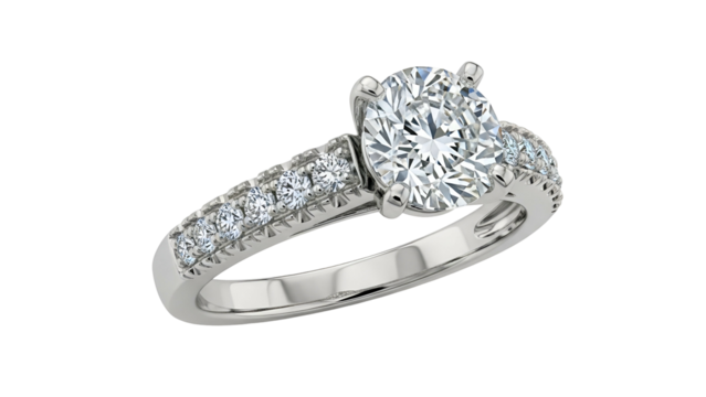 Brilliant round cut gemstone set in a polished metal band adorned with smaller accent stones