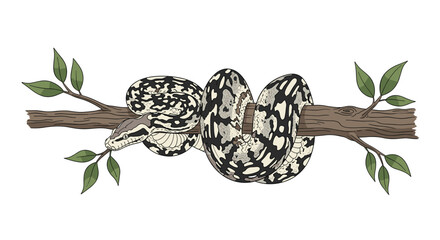 Intricate illustration of a python or boa constrictor with black, white, and grey patterns, gracefully coiled around a tree branch with green leaves.