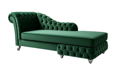 Luxurious emerald green velvet chaise lounge with tufted detailing isolated on black