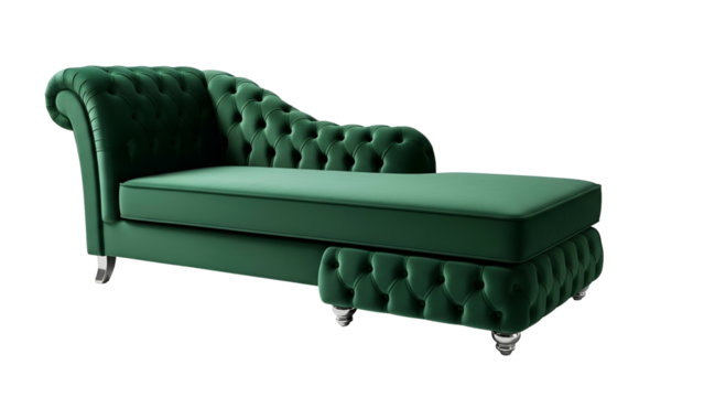 Luxurious emerald green velvet chaise lounge with tufted detailing isolated on black