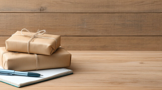 Wrapped parcel brown paper tied string wooden desk pen notebook gift box rustic background natural texture stacked packages simple design craft paper office supplies workspace minimalistic cozy
