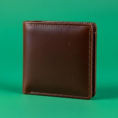 Close-up of a brown leather wallet standing upright on a vibrant green background, highlighting its smooth texture and stitched edges for a stylish accessory display