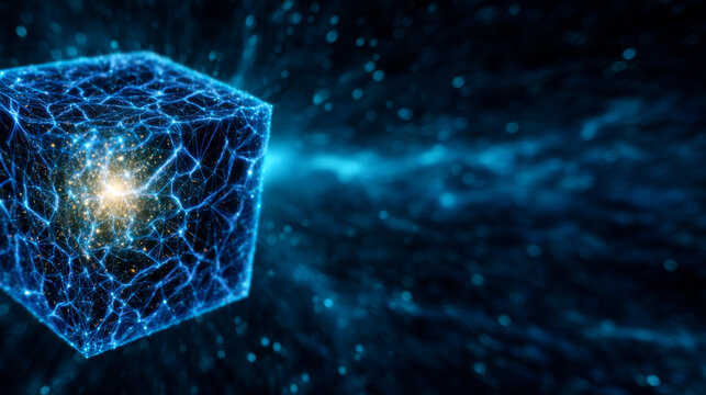 Logistic connectivity and server technology visualized as glowing cube with multiple blue network lines and digital energy, representing futuristic data transfer