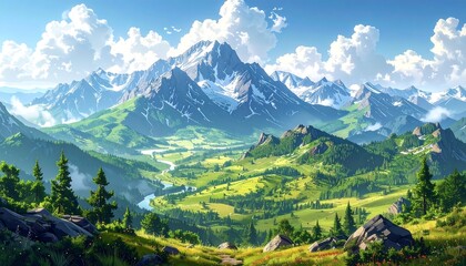 Fototapeta premium Majestic Mountain Vista - A Breathtaking Landscape Painting.