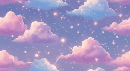 Fantasy clouds and stars pattern, dreamy sky, soft glowing light, seamless repeat background(1).eps