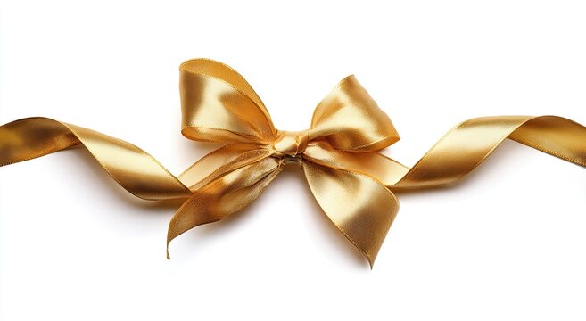 Shiny golden ribbon tied in bow isolated on clean white background, versatile realistic vector for Christmas, birthday, New Year gift wrapping, festive décor and elegant seasonal branding projects.