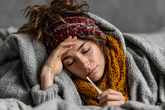 Sick exhausted girl in scarf is lying in bed wrapped in blanket. Young woman with fever and headache is measuring temperature with thermometer, treated at home. Winter cold and flu concept.