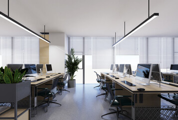 Modern Open-Plan Office Workspace with Natural Light and Minimalist Design.3D illustration