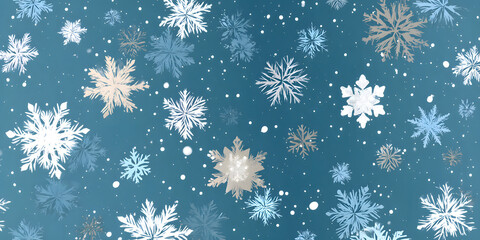 White snow falling on sky blue background seamless pattern. Flat style snowfall repeating texture for christmas greeting card or banner. Vector eps8 illustration.