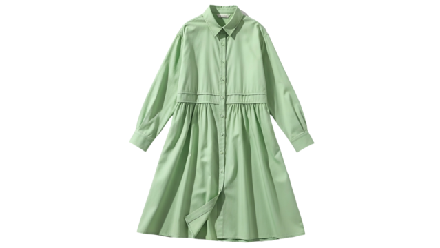 Long sleeved, collared, pleated midi garment displayed against a solid dark background