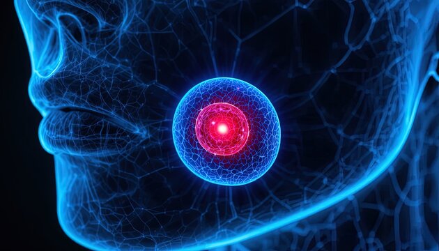 Dynamic glowing blue network on human face shows connections and innovation with bright red light, perfect for technology or science concepts