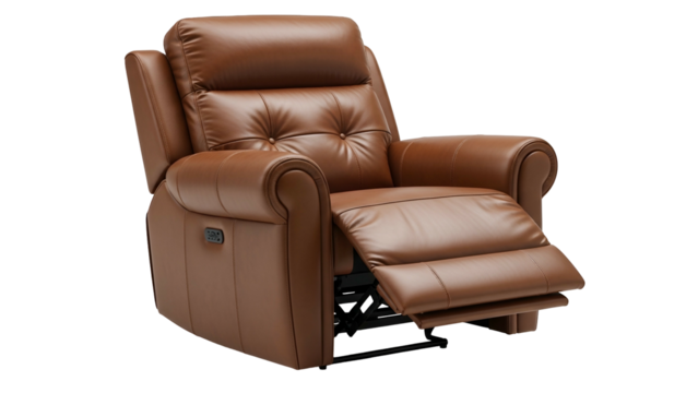 Luxurious brown leather armchair is shown reclined against a black background