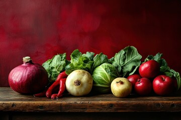 Fresh produce arrangement on wooden surface