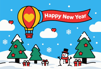 Colorful New Year scene with snowman and hot air balloon celebration