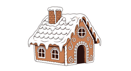 A charming, festive gingerbread house decorated with white icing and a snowy roof, perfect for holiday celebrations and winter themes.