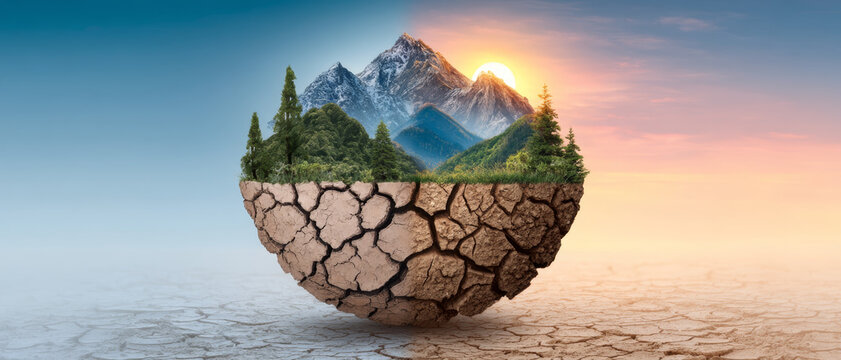 Cracked earth mountain forest sunrise climate change double exposure dry nature environmental landscape surreal hope global warming drought ecosystem conservation dramatic creative sphere contrast - Powered by Adobe