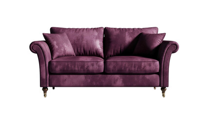 Fototapeta premium Plush, deep purple upholstered settee positioned against a stark black background