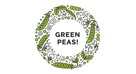 A charming circular illustration of green pea pods, ripe peas, and delicate pea flowers arranged in a decorative wreath with a central \.