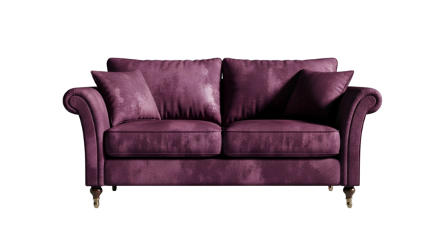 Plush, deep purple upholstered settee positioned against a stark black background
