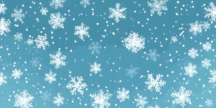 White snow falling on sky blue background seamless pattern. Flat style snowfall repeating texture for christmas greeting card or banner. Vector eps8 illustration.