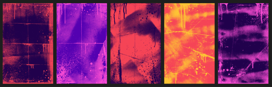 Urban street art graffiti punk posters set with grunge and halftone texture. Colorful brush drawn overlay texture.