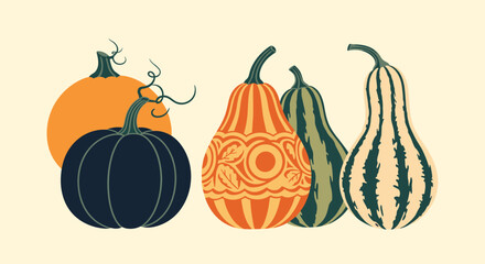 An illustration of a colorful assortment of autumn pumpkins and decorative gourds in various shapes and patterns, set against a light background.