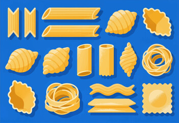 Colorful pasta shapes vector collection, design set isolated
