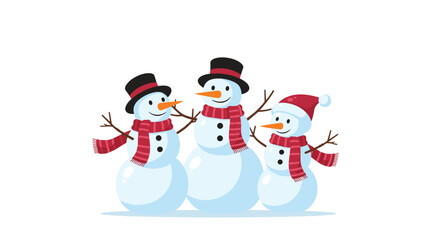 Three cheerful cartoon snowmen wearing hats and scarves stand together on a winter day, embodying holiday spirit and joy.
