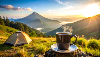 A cup of steaming coffee sits on a rock, in front of a tent, overlooking a mountain range at sunrise
